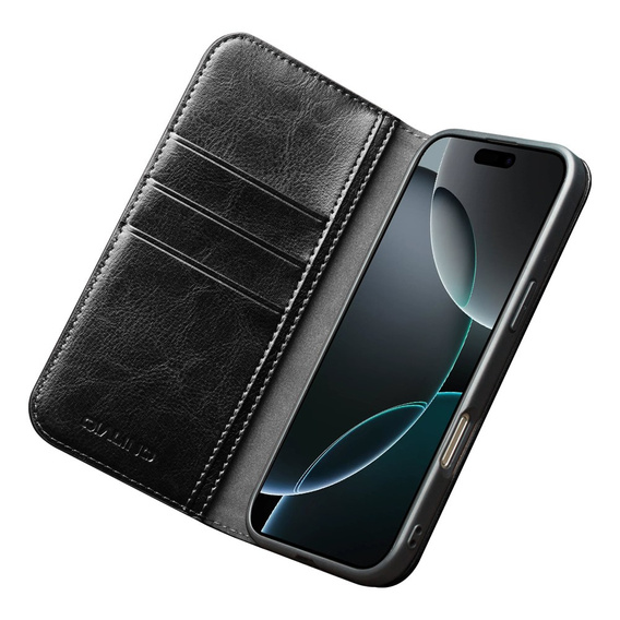 QIALINO valódi marhabőr flip tok iPhone 17 Pro készülékhez, fekete