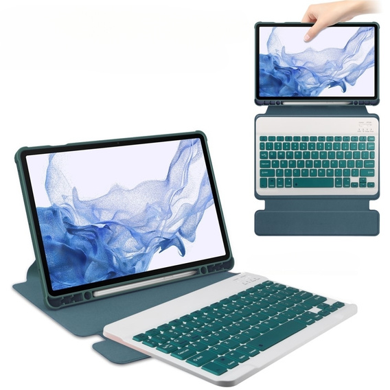 Billentyűzet tok Samsung Galaxy Tab S9, Rotary 360° Leather, sötétzöld