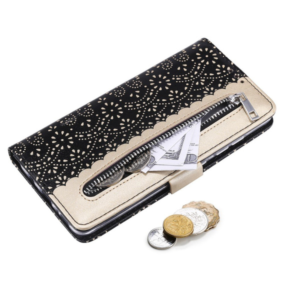 Flap tok Samsung Galaxy A51 5G, Wallet Pocket Zipper Lace, fekete