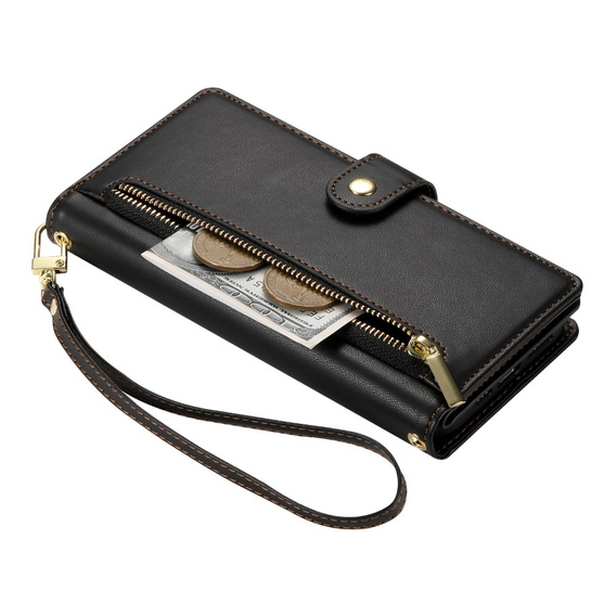 Pattintható tok a iPhone 16, Wallet Zipper Pocket, fekete
