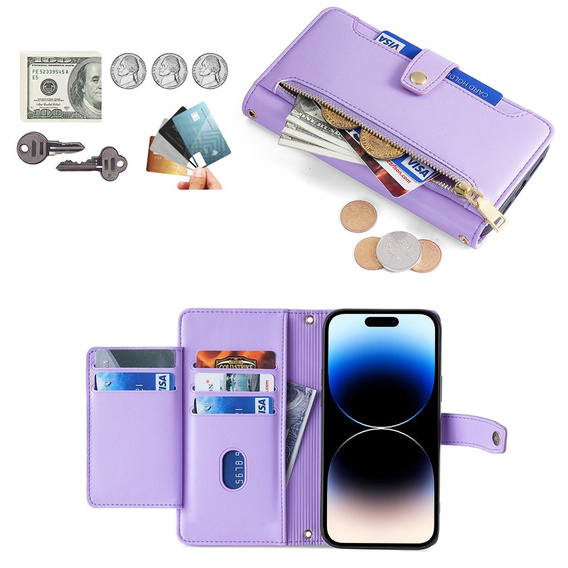 Pattintható tok a iPhone 14 Pro, Wallet Zipper Pocket, lila