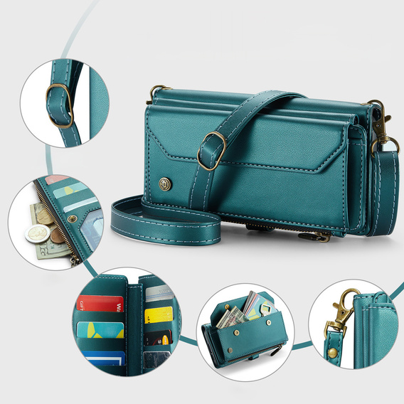 Tok CASEME Samsung Galaxy S25 FE, RFID Leather Wallet, vállpánttal, zöld