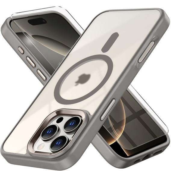 Tok iPhone 16 Pro Max-hoz, MagSafe, ERBORD Matt Case, átlátszó / titánium + képernyőüveg