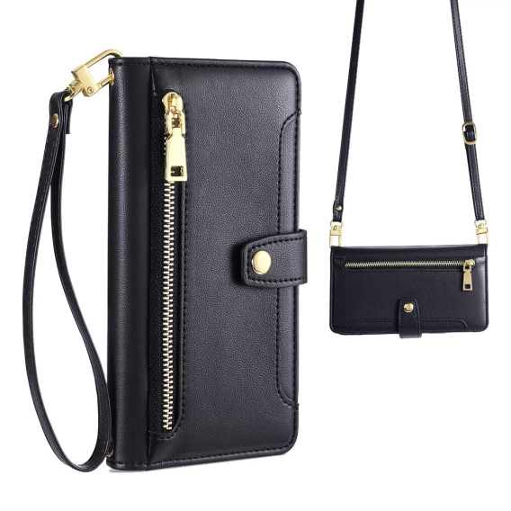 Pattintható tok a iPhone 16E, Wallet Zipper Pocket, fekete