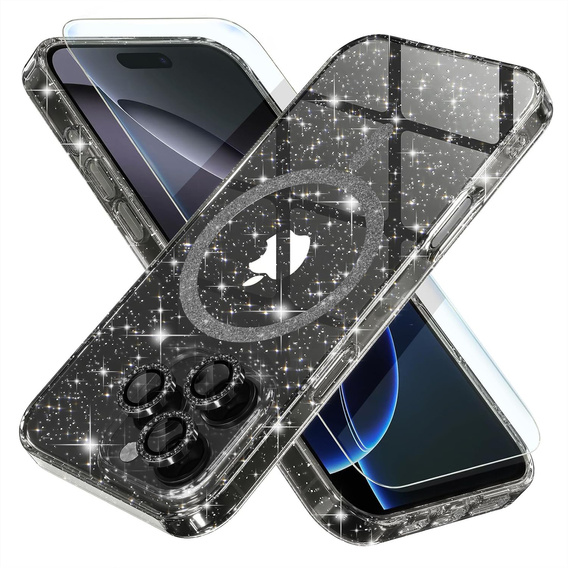 Tok iPhone 16 Pro Max-hoz, ERBORD Glitter MagSafe, fekete + képernyőüveg