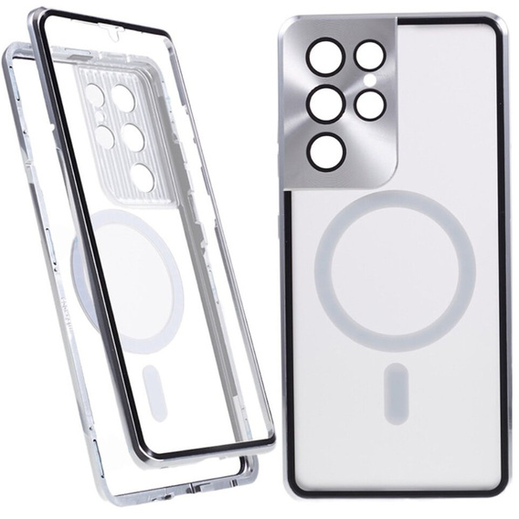Magnetic Dual Glass MagSafe tok Samsung Galaxy S21 Ultra, ezüst