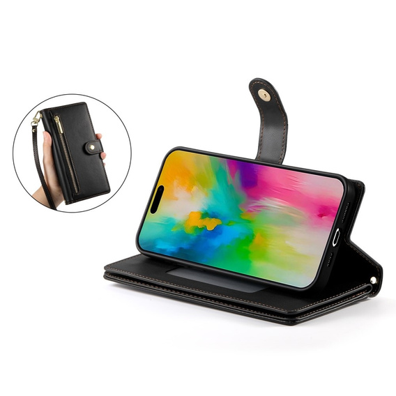 Pattintható tok a iPhone 16 Pro, Wallet Zipper Pocket, fekete