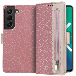 Flap tok Samsung Galaxy S22+ Plus 5G, Wallet Pocket Zipper Lace, rózsaszín