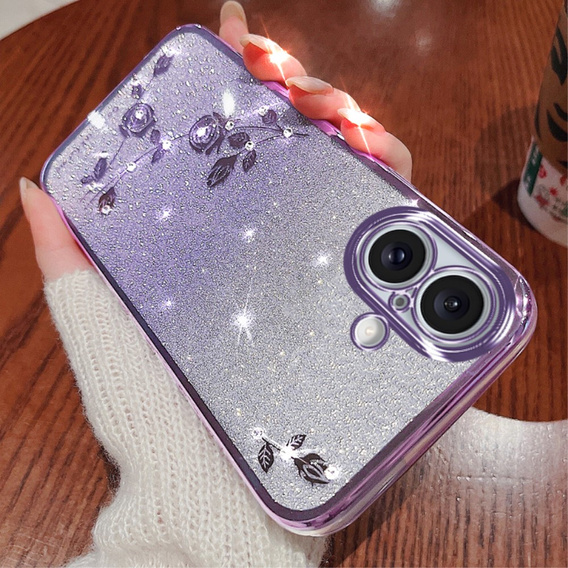 Tok iPhone 16 Plus, Glitter Flower, lila