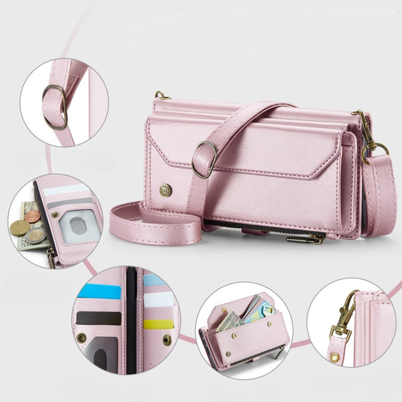 Tok CASEME Samsung Galaxy Z Fold6 5G, RFID Leather Wallet, vállpánttal, rózsaszín
