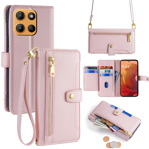 Pattintható tok a Motorola Moto G15 / G15 Power, Wallet Zipper Pocket, rózsaszín