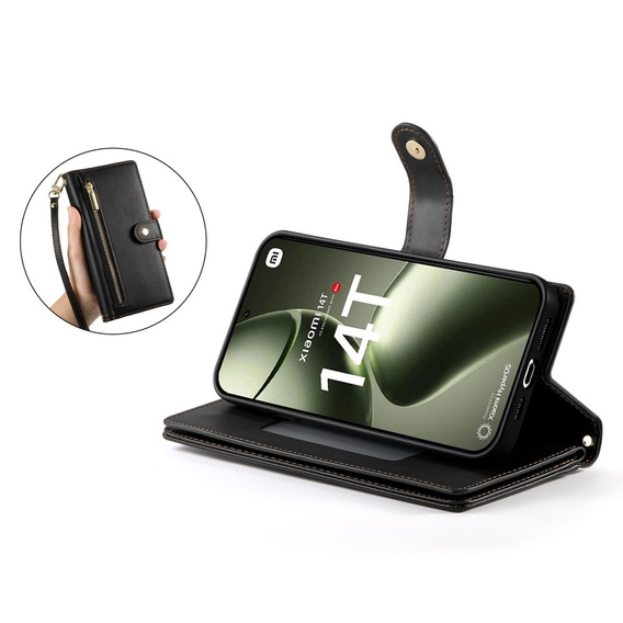 Pattintható tok a Xiaomi 14T, Wallet Zipper Pocket, fekete