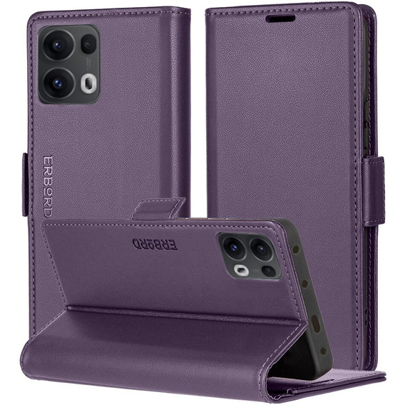 Tok Oppo Reno 13 Pro, ERBORD Glossy Litchi, pénztárca patenttal, lila
