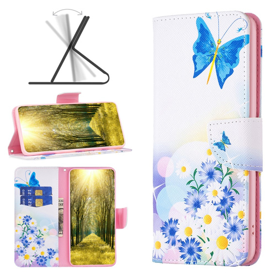 Pattintható tok a Samsung Galaxy A35 5G, Wallet, Butterfly & Flowers fehér