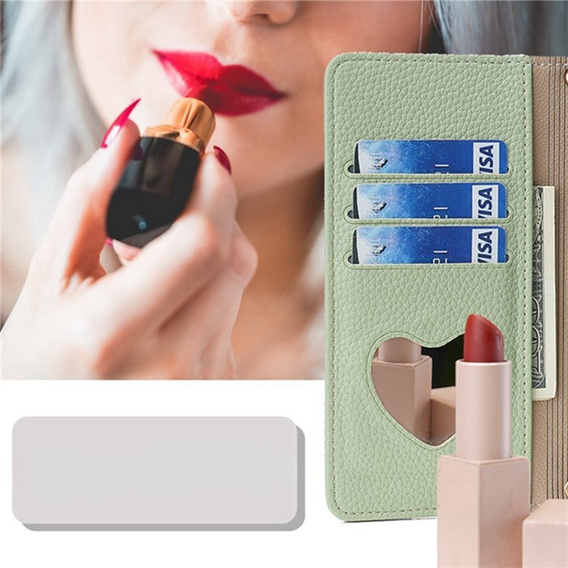Flip tok Samsung Galaxy A56 5G, Wallet Zipper Pocket, tükörrel, zöld