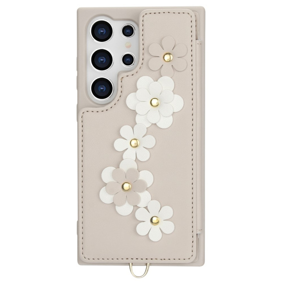 Tok Samsung Galaxy S24 Ultra, Leather Flower Card Slot, bézs színű