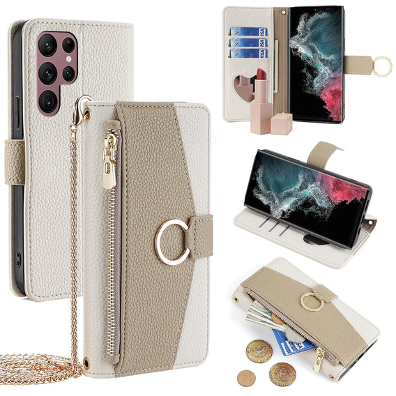 Flip tok Samsung Galaxy S22 Ultra, Wallet Zipper Pocket, tükörrel, fehér