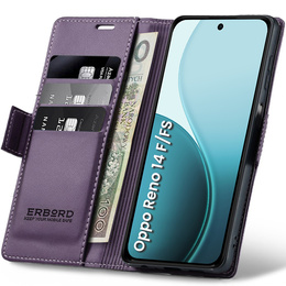 Tok Oppo Reno 14 F / 14 FS, ERBORD Glossy Litchi, pénztárca patenttal, lila