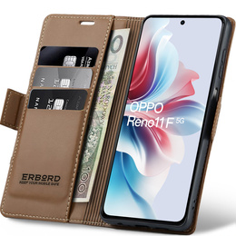 Tok Oppo Reno 11F, ERBORD Glossy Litchi, pénztárca patenttal, barna