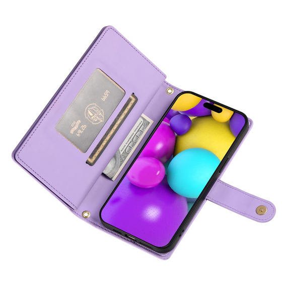 Pattintható tok a iPhone 16, Wallet Zipper Pocket, lila