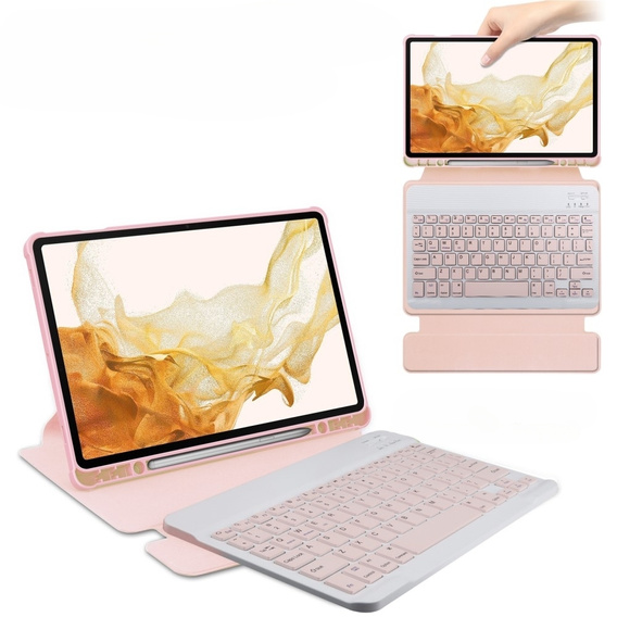 Billentyűzet tok Samsung Galaxy Tab S9+, Rotary 360° Leather, rózsaszín rose gold