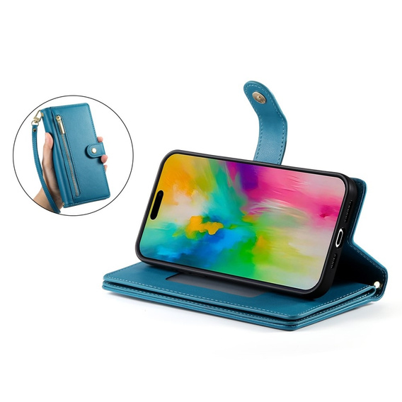 Pattintható tok a iPhone 16 Pro Max, Wallet Zipper Pocket, kék
