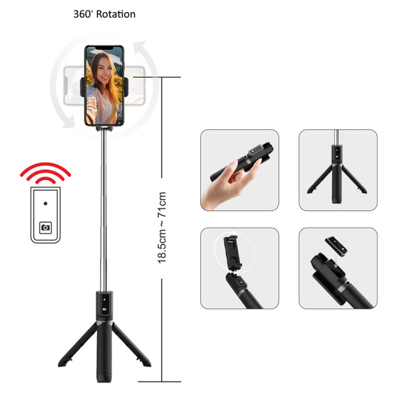 Selfie Stick Coco P-04 állvány funkcióval és Bluetooth távirányítóval, 6,5 cm és 9,5 cm közötti okostelefonok számára