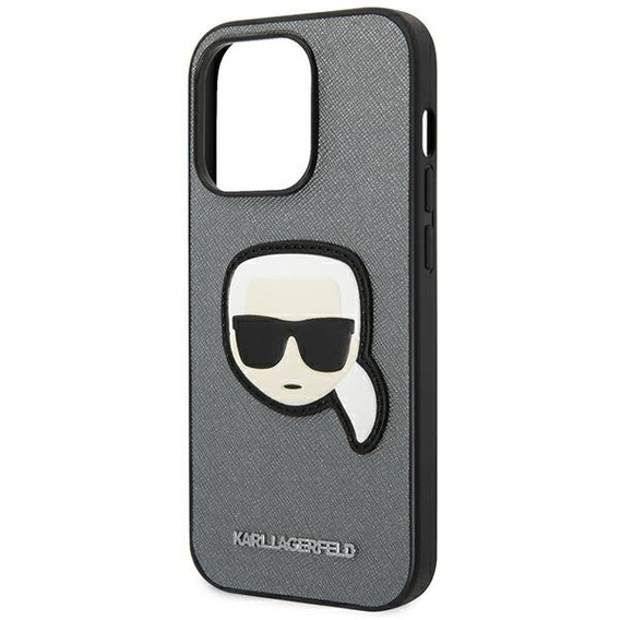 Karl Lagerfeld Telefontok a iPhone 14 Pro Max, Saffiano Karl's Head Patch, ezüst