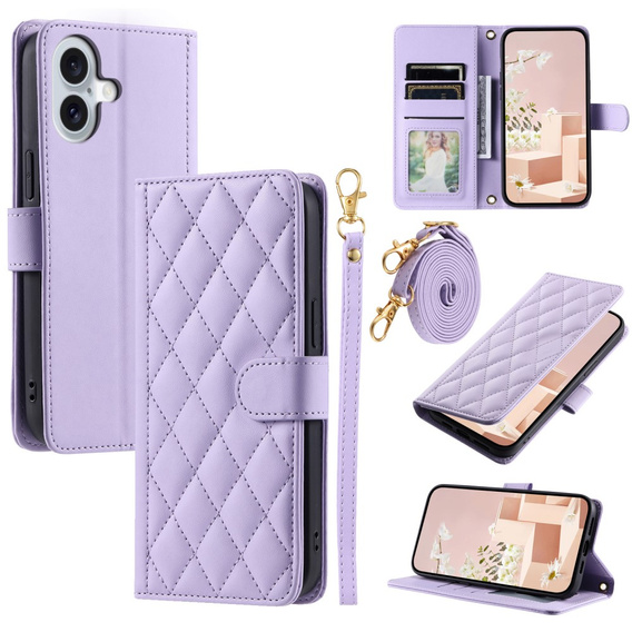 Flap tok iPhone 16 Plus, Rhombus Crossbody Leather, lila