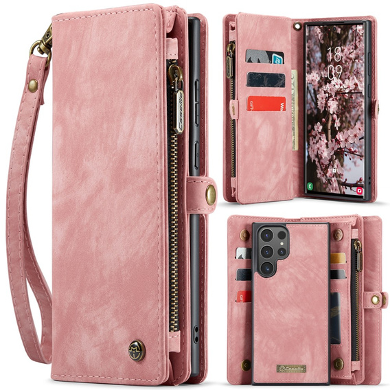 CASEME tok Samsung Galaxy S25 Ultra, Retro Leather Wallet, szíjjal, rózsaszín