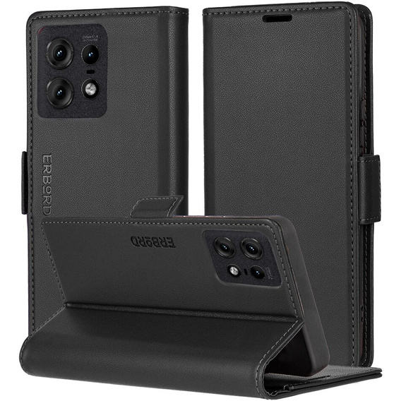 Tok Motorola Edge 50 Pro, ERBORD Glossy Litchi, pénztárca patenttal, fekete