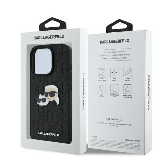 Karl Lagerfeld kemény tok Monogram Karl & Choupette fejcsapos tok iPhone 16 Pro-hoz