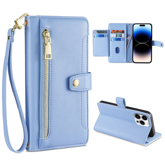 Pattintható tok a iPhone 14 Pro, Wallet Zipper Pocket, kék