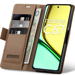 Tok Realme C67 4G, ERBORD Glossy Litchi, pénztárca patenttal, barna