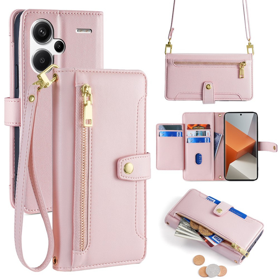 Pattintható tok a Xiaomi Redmi Note 13 Pro+, Wallet Zipper Pocket, rózsaszín