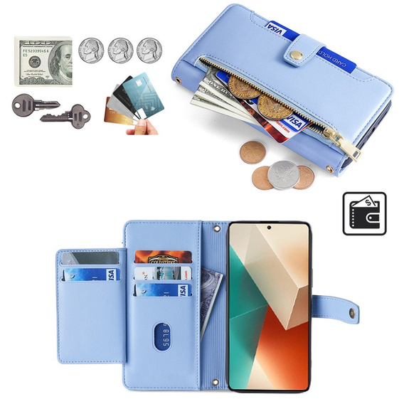 Pattintható tok a Xiaomi Redmi Note 13 5G, Wallet Zipper Pocket, kék
