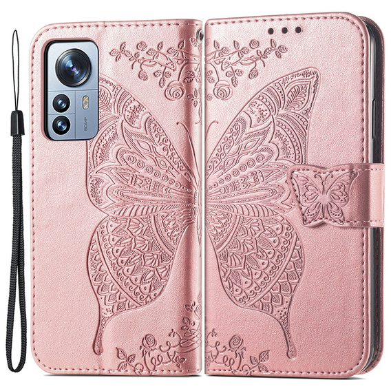 Pattintható tok a Xiaomi 12 Pro, Butterfly, rózsaszín rose gold
