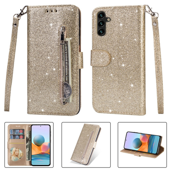 Pattintható tok a Samsung Galaxy A55, Wallet Zipper Pocket Glittery, arany