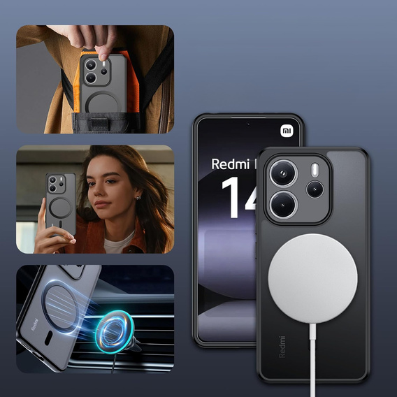 Tok Xiaomi Redmi Note 14 4G-hoz, MagSafe, ERBORD Matt Case, fekete + képernyőüveg