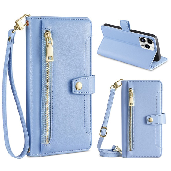 Pattintható tok a iPhone 15 Pro, Wallet Zipper Pocket, kék