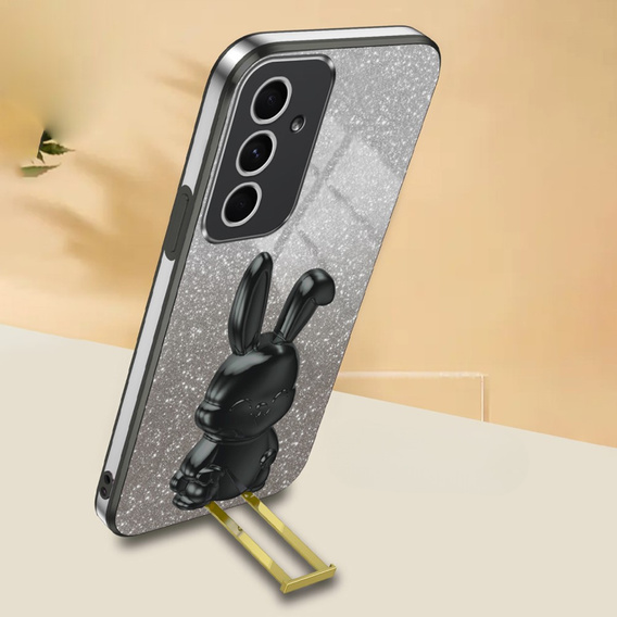 Tok Samsung Galaxy A54 5G, Glitter Rabbit, kihúzható állvánnyal, fekete