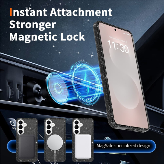 Csillogó tok, MagSafe-hez, Samsung Galaxy S26-hoz, átlátszó/fekete