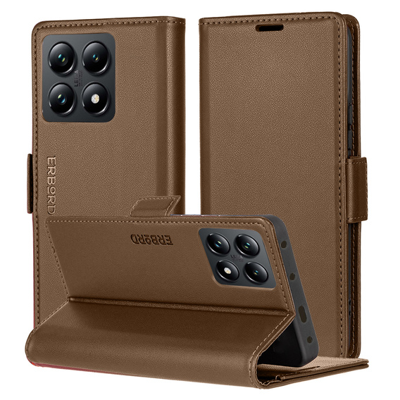Tok Xiaomi 14T Pro, ERBORD Glossy Litchi, pénztárca patenttal, barna
