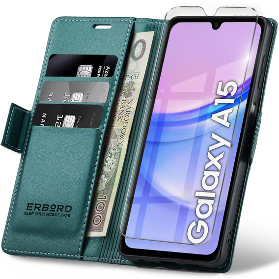 tok Samsung Galaxy A15 4G / 5G, ERBORD Fényes Litchi, flip pénztárca + 9H edzett üveg
