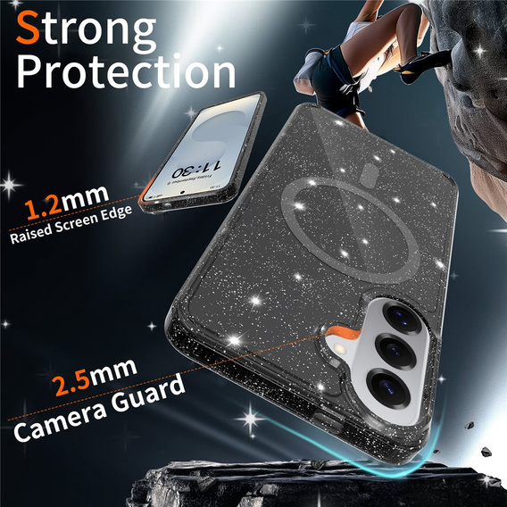 Csillogó tok, MagSafe-hez, Samsung Galaxy S26 Plus-hoz, átlátszó/fekete