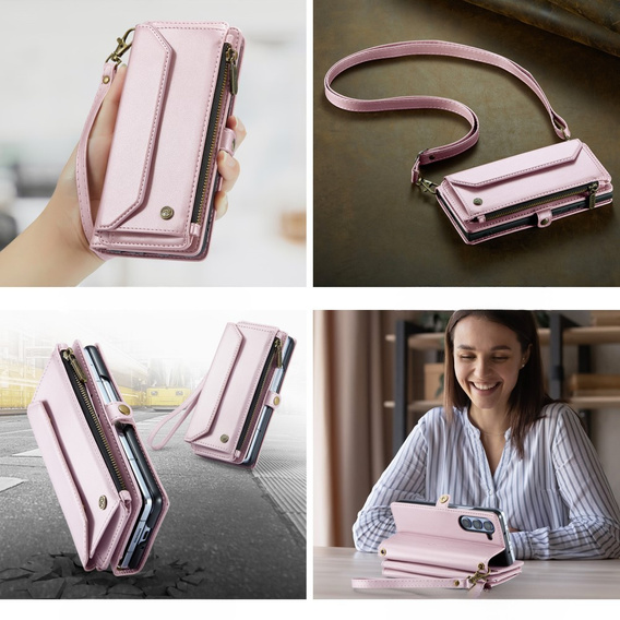 Tok CASEME Samsung Galaxy Z Fold6 5G, RFID Leather Wallet, vállpánttal, rózsaszín