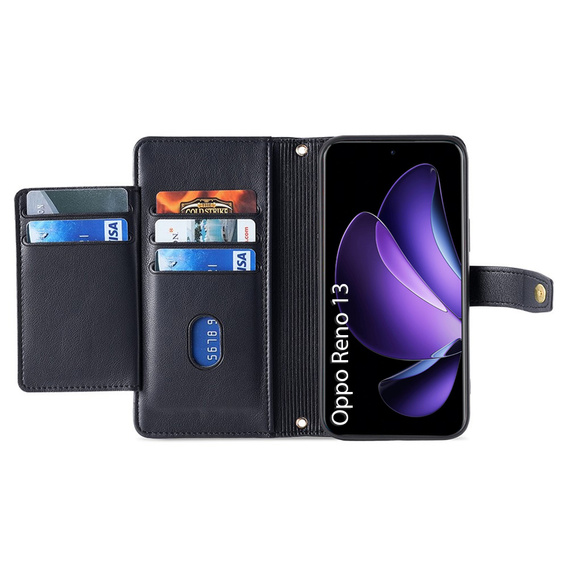 Pattintható tok a Oppo Reno 13, Wallet Zipper Pocket, fekete