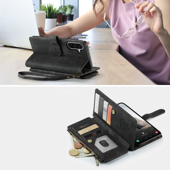 CASEME tok Samsung Galaxy A56 5G, Leather Wallet Cash and Card Slots, pánttal, fekete