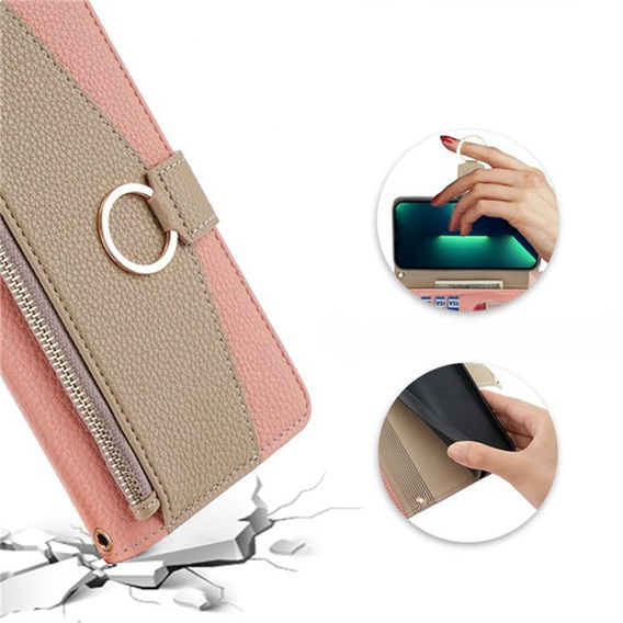 Flip tok Samsung Galaxy A56 5G, Wallet Zipper Pocket, tükörrel, rózsaszín