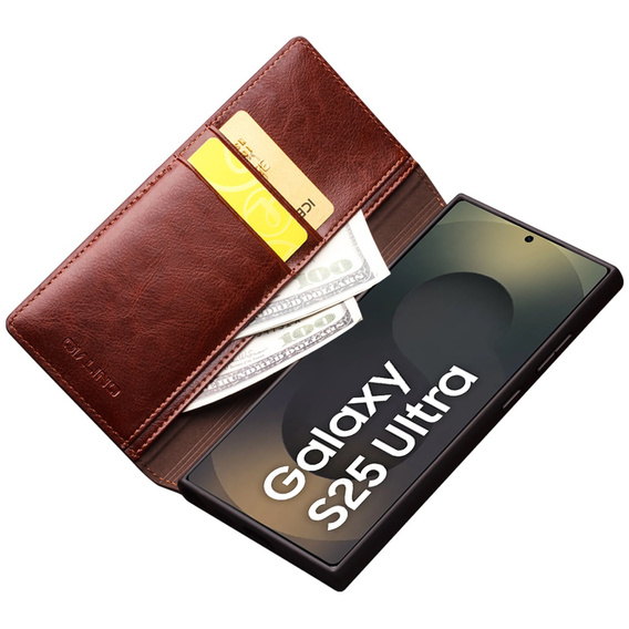 Flip tok Samsung Galaxy S25 Ultra, QIALINO Leather Wallet, sötétbarna